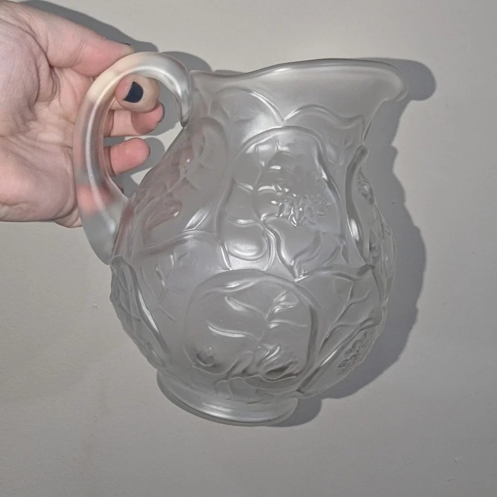 Vintage Frosted Glass Pitcher Floral Embossed Satin Glass Relief Design